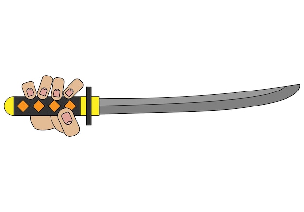 Hand holding katana sword isolated on white background in cartoon style in vector graphic