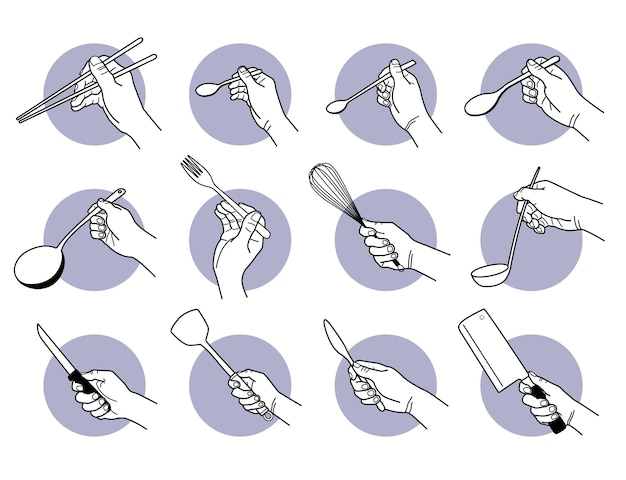 Vector hand holding kitchen utensils and cooking tools.