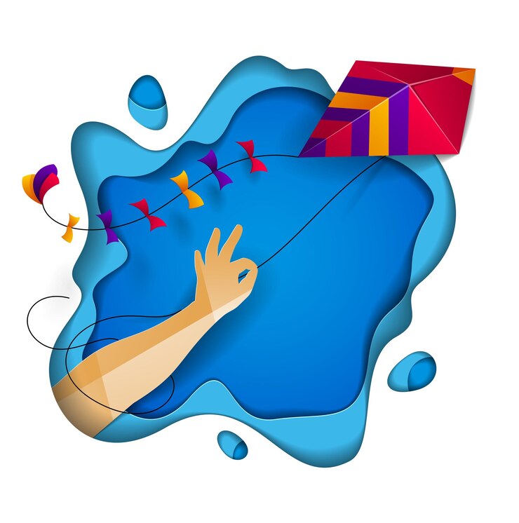 वेक्टर hand holding kite over abstract curve shapes of blue layers sky, freedom and easiness emotional concept, vector modern style paper cut 3d illustration.