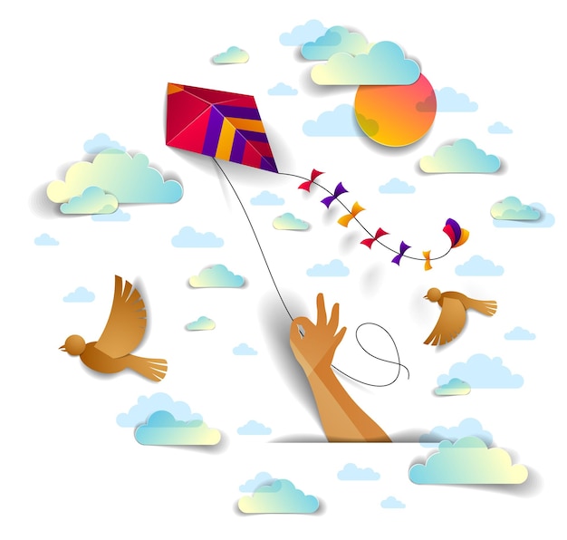 Vector hand holding kite over cloudy sky birds flying and sun, freedom and easiness emotional concept, vector modern style paper cut 3d illustration.