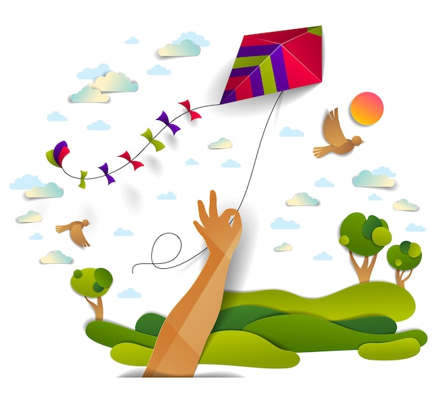 Hand holding kite over cloudy sky birds flying and sun, meadows and trees scenic nature landscape, freedom and easiness emotional concept, vector modern style paper cut 3d illustration.