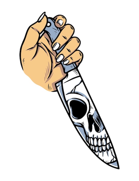 Vector a hand holding a knife with a skull on it.