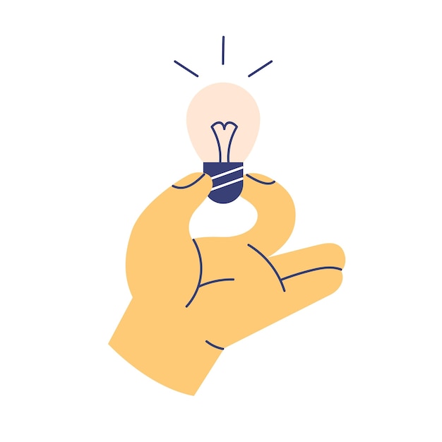 Hand holding lightbulb icon. Light bulb, electric lamp as symbol of creative ideas, insights and new solutions. Discovery, invention concept. Flat vector illustration isolated on white background.