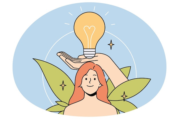 Hand holding lightbulb over woman head