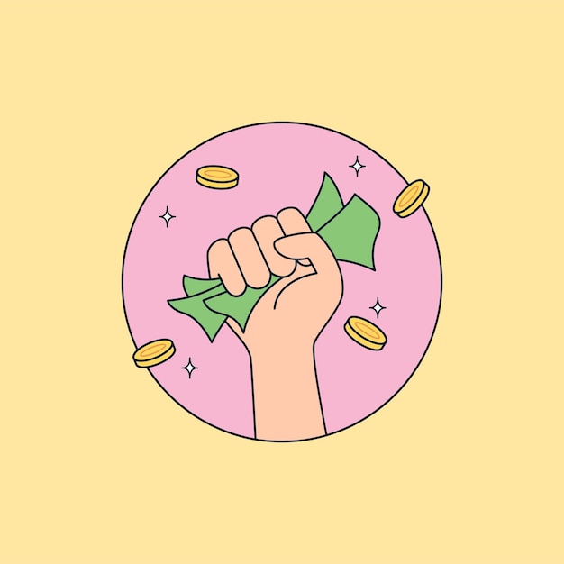 Hand holding a lot of money and gold coin outline icon vector illustration for free cashback online shop promo marketing