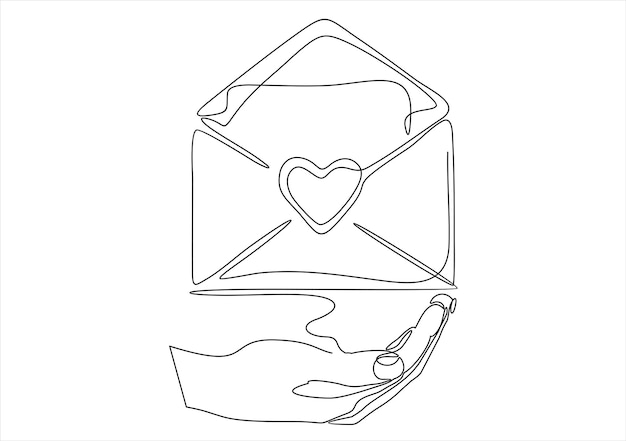 hand holding love letter Valentines day envelope with heartContinuous one line