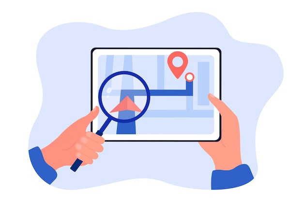 ベクトル 都市地図とタブレットの前に拡大鏡を持っている手。アプリフラットベクトルイラストで目的地へのルートを見つける人。バナーまたはランディングwebページのナビゲーション、輸送の概念