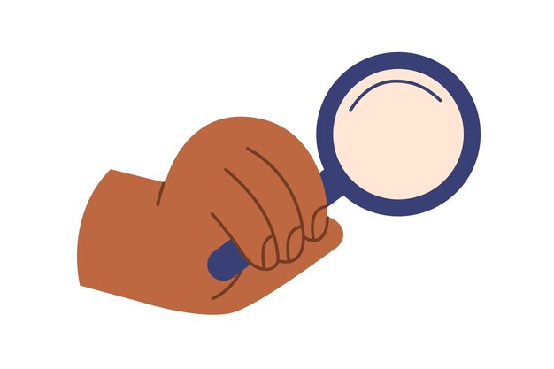 Vector hand holding magnifying glass, lens icon. searching, researching with lupe, magnifier tool. discovery, analysis, scrutiny concept. colored flat vector illustration isolated on white background