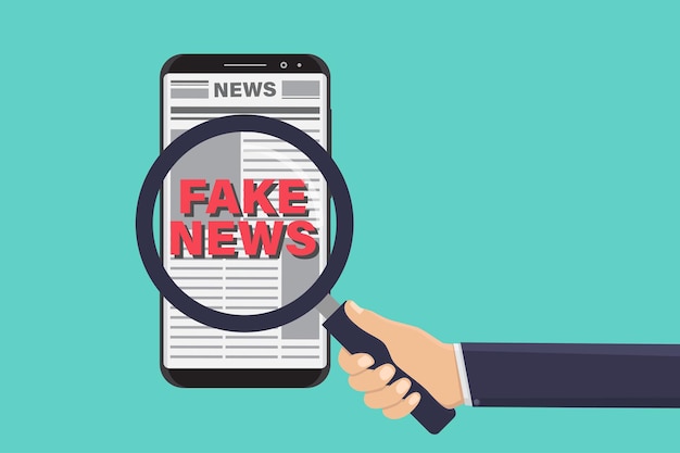 hand holding a magnifying glass looking for fake news on smartphone vector design illustration