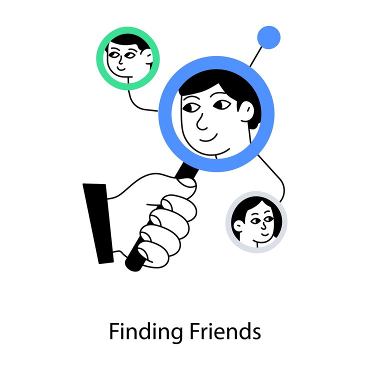 Vector a hand holding a magnifying glass with a person on it that says finding friends.