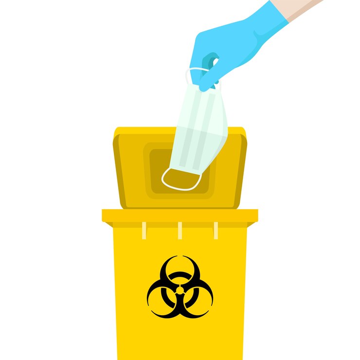 Vector hand holding a mask is above the yellow bin, with the symbol of infectious waste.
