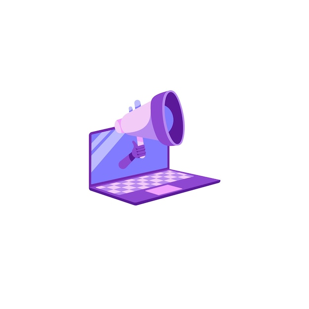 Vector hand holding a megaphone from the laptop screen horn speaker announces important news and alerts on blank background of paper sheet space for text