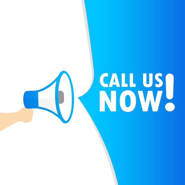 Hand holding megaphone with call us now message. loudspeaker. banner for business, marketing and advertising. vector on isolated background. eps 10