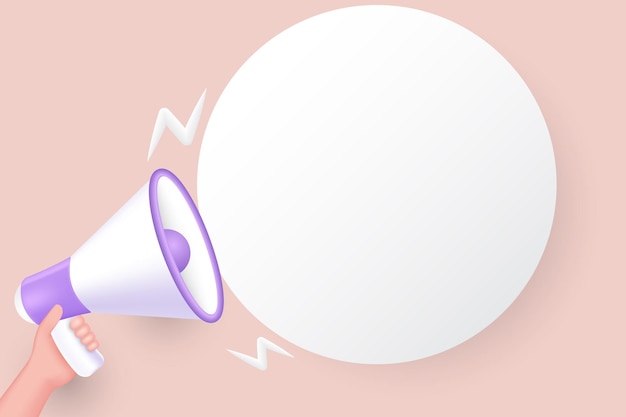 Hand holding megaphone with speech bubble with copy space 3d vector illustration