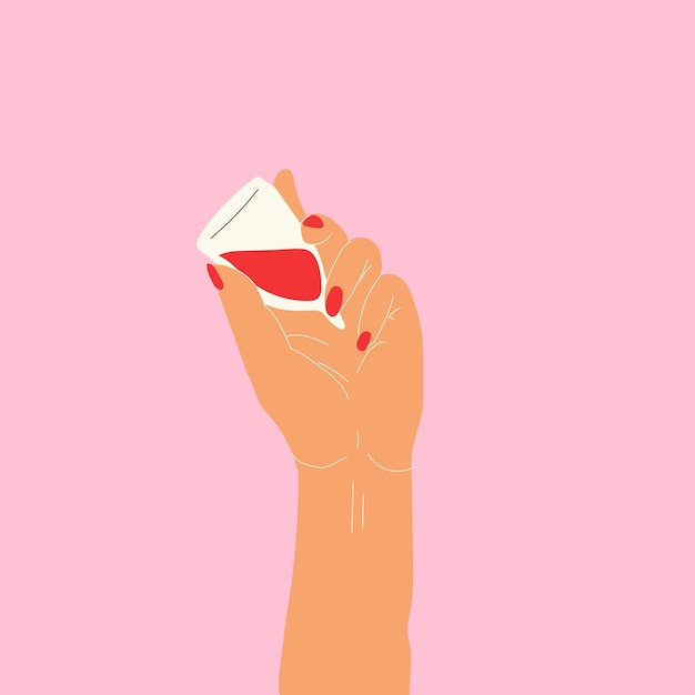 Hand holding a menstrual cup. Vector. All elements are isolated