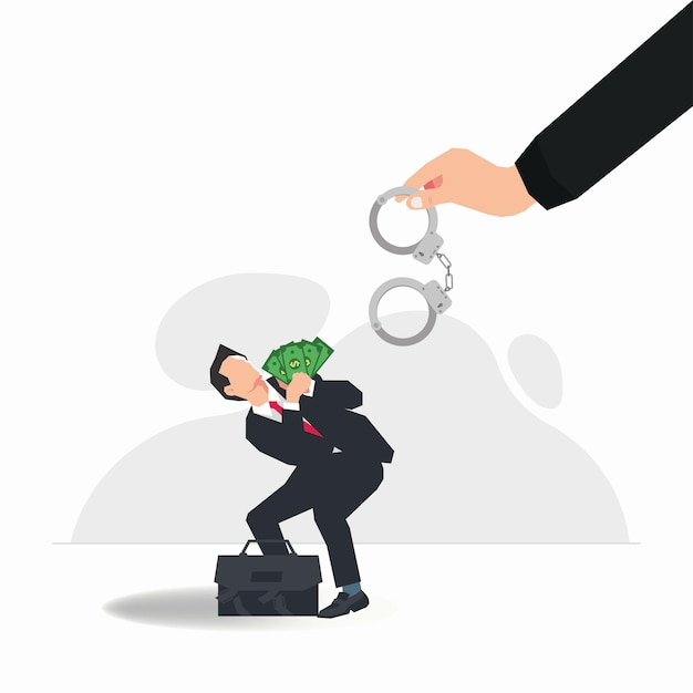 Vector hand holding metal handcuffs and the businessman holding some money detention and bribery concept vector