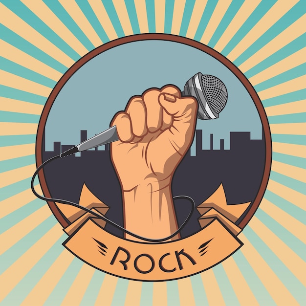 Hand holding a microphone in a fist retro rock poster vector illustration