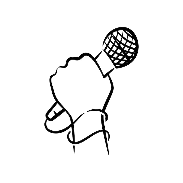 Hand holding microphone hand drawn line art illustration