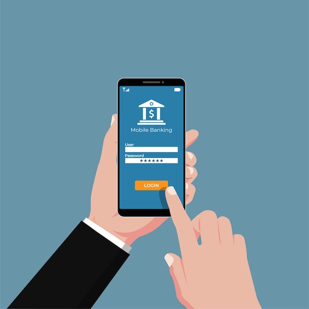 Hand holding mobile banking services on smartphone  illustration.