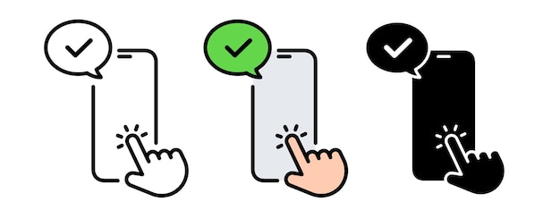 チェックマーク吹き出しはいイラスト付きの携帯電話を持っている手