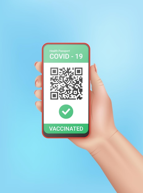 Vector hand holding mobile phone with digital health passport app for travel during covid19 pandemic green certificate vector illustration