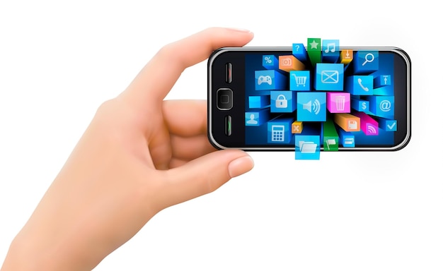 hand holding mobile phone with icons vector