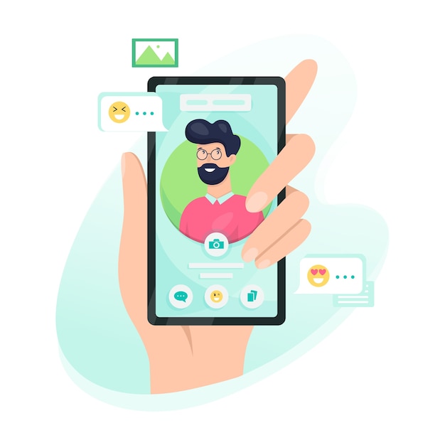 Vector hand holding mobile phone with person avatar on the screen