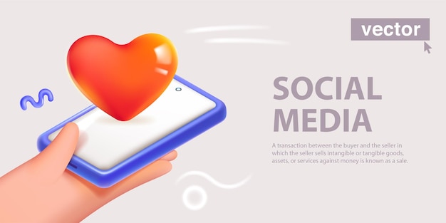 Vector hand holding mobile phone with red heart icon realistic 3d render like symbol design