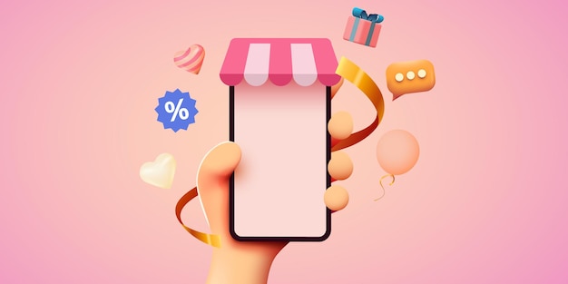 Vector hand holding mobile smart phone with shopp app online shopping concept