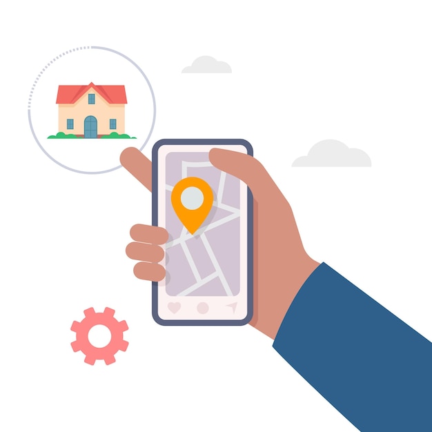 Mano che tiene il cellulare con la casa di ricerca dell'applicazione trova la casa più vicina sulla mappa della città