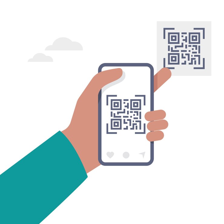 Vector hand holding mobile with scan qr code and online payment digital money transfer technology barcode