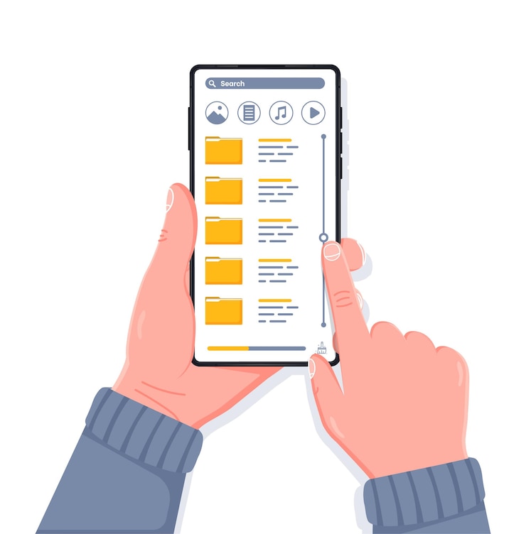 Hand holding modern mobile phone with search of folders and data