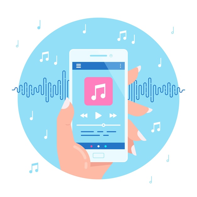 Mano che tiene il telefono moderno che riproduce audio o radio. concetto di interfaccia utente del lettore musicale di smartphone. app lettore multimediale