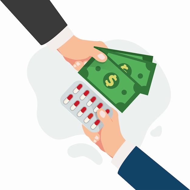 Hand holding money and buying capsule pills vector illustration
