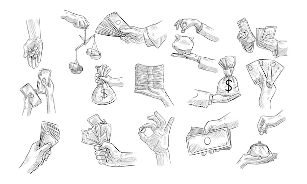 Vector hand holding money handdrawn collection