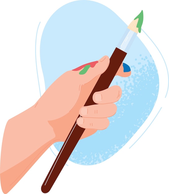 hand holding paintbrush against blue circle background creative painting concept artist brush