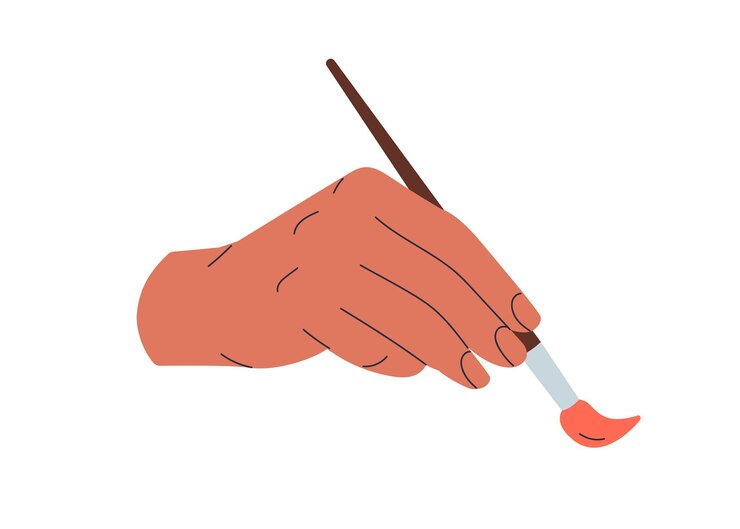 Vector hand holding paintbrush, making brush stroke, applying paint. artists arm, wrist drawing. fingers squeezing painting tool, supplies. flat vector illustration isolated on white background.