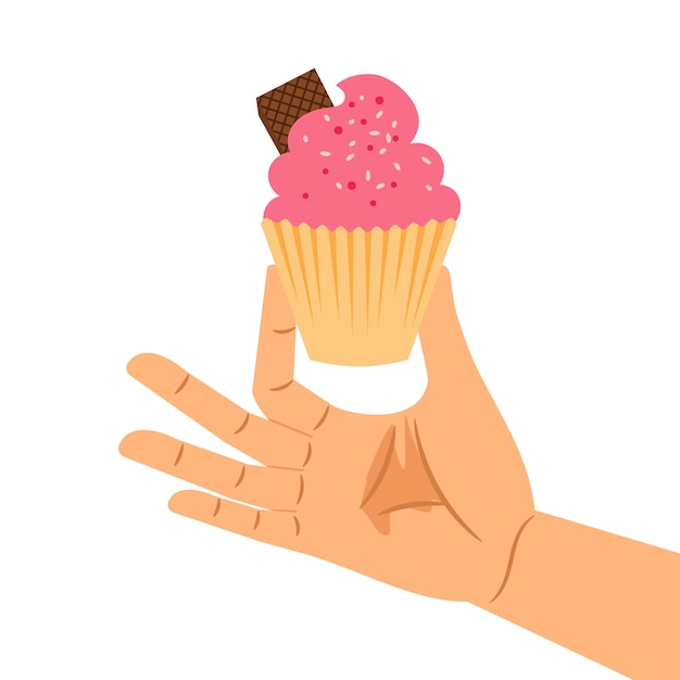 Hand holding pastry pink cupcake