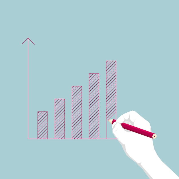 Hand holding a pencil drawing a graph, Hand is white,Background is blue.