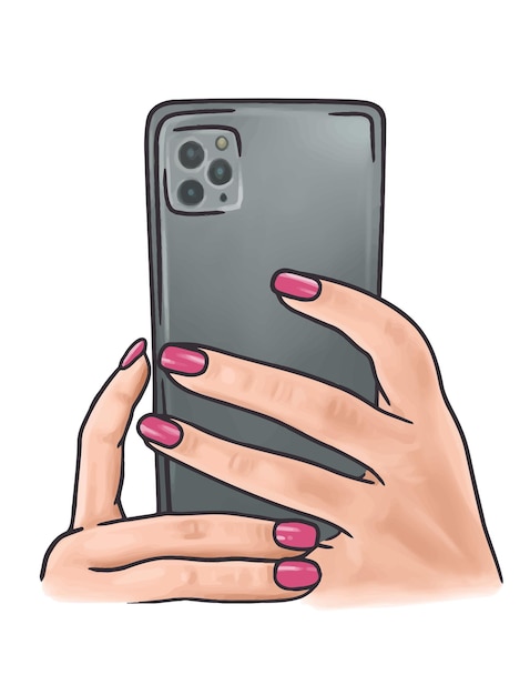 Vector hand holding phone back cartoon vector handdrawn illustration