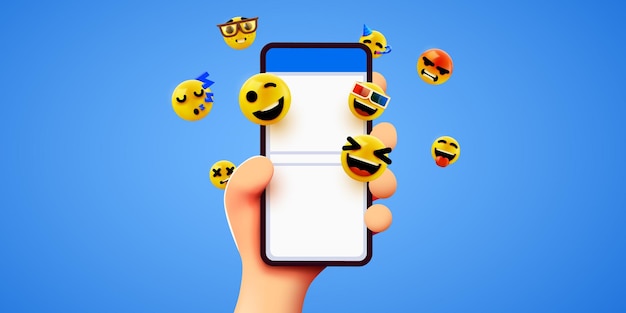 Mano che tiene le emoticon del telefono social media e chat di messaggistica