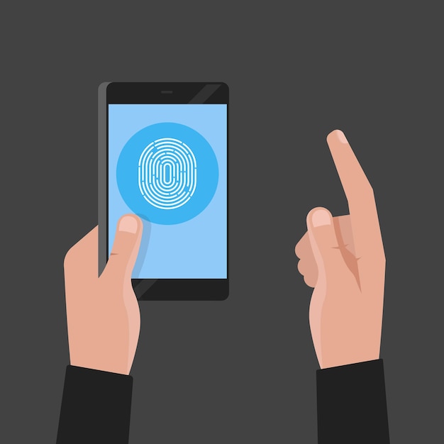 Vector hand holding phone. fingerprint pass concept vector illustration.