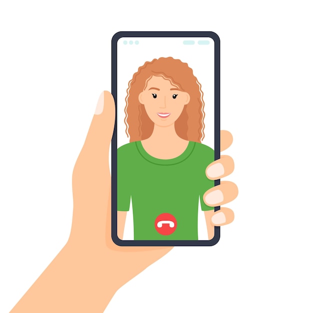 Vettore mano che tiene il telefono schermo dello smartphone con una bella ragazza illustrazione vettoriale della videochiamata