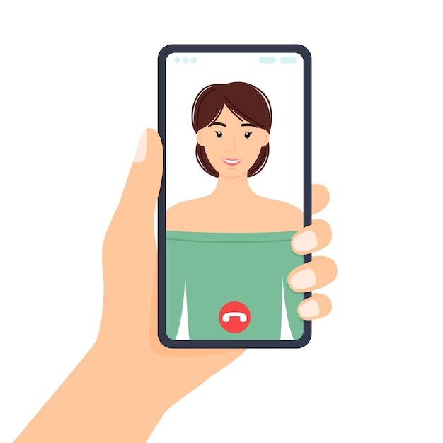 Вектор Рука держит телефон экран смартфона с красивой девушкой видеозвонок векторная иллюстрация