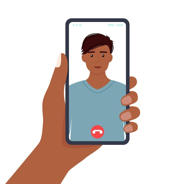 Hand holding phone Smartphone screen with handsome man Video call vector illustration