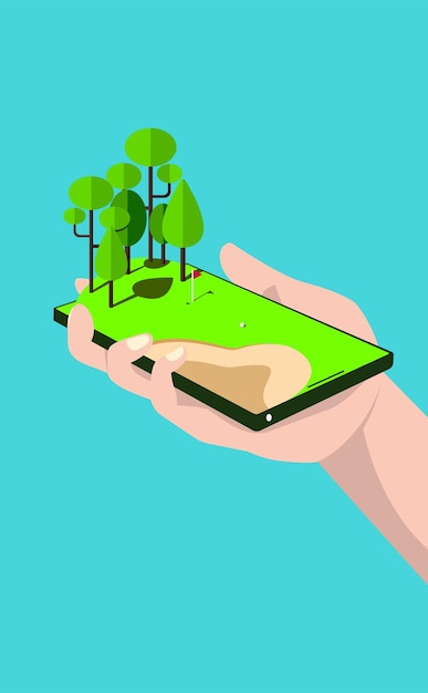 Mano che tiene un telefono con l'illustrazione 3d del campo da golf sullo schermo