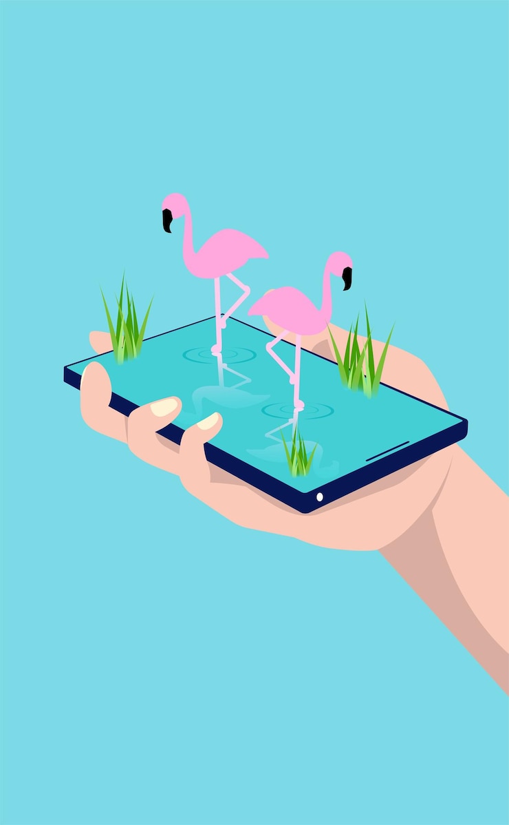 Vector hand holding a phone with 3d habitat of flamingo illustration on the screen