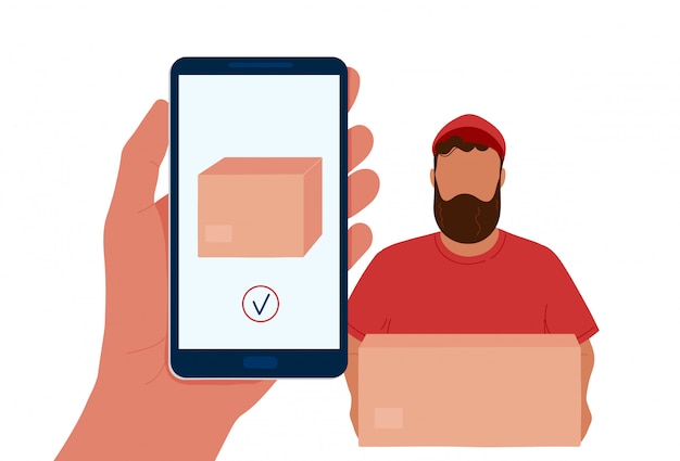 ベクトル 画面と宅配便のボックスが付いている携帯電話を持っている手