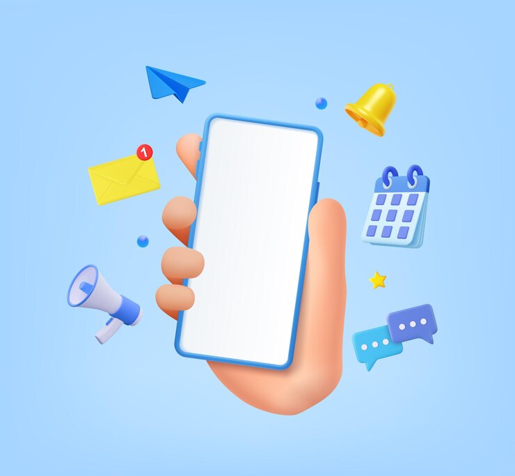 Vector hand holding phone with business management app