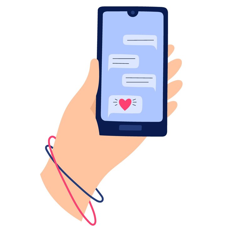 Vector hand holding phone with chat or massager app on screen.